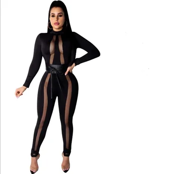 Wantmove 2019 new spring and autumn women jumpsuit sexy mesh stitching hollow lace up long sleeve club slim jumpsuit WM717 
Wantmove 2019 new spring and autumn women jumpsuit sexy mesh stitching hollow lace up long sleeve club slim jumpsuit WM717