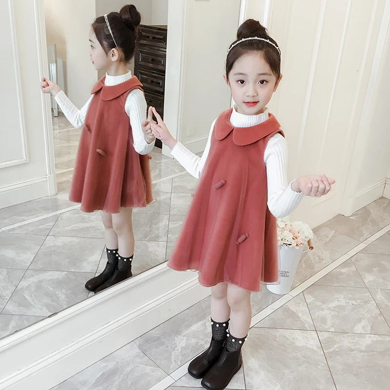 

Girls Woolen Vest Dresses Spring Autumn Children's Doll Collar Princess Full Dress Kids Tulle Candy Spliced Dress One Piece B201