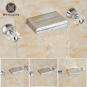 

Chrome Finished Bathroom Wall Mout Basin Faucet Widespread Dual Handle Waterfall Bath Spout Mixer Taps