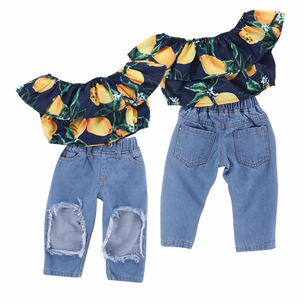 Puseky 2pcs 6M-4T Kid Baby Girl Clothes Set Off Shoulder Mango Shirt Top+Ripped Holes Denim Jeans Clothing Toddler Fashion Suit
Puseky 2pcs 6M-4T Kid Baby Girl Clothes Set Off Shoulder Mango Shirt Top+Ripped Holes Denim Jeans Clothing Toddler Fashion Suit