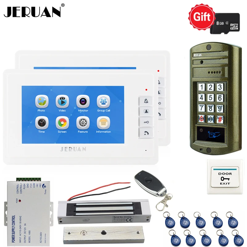 

JERUAN 7`` Video Doorbell Voice/Video Recording Intercom System kit Waterproof password Mini Camera 1V2 +180kg Magnetic lock