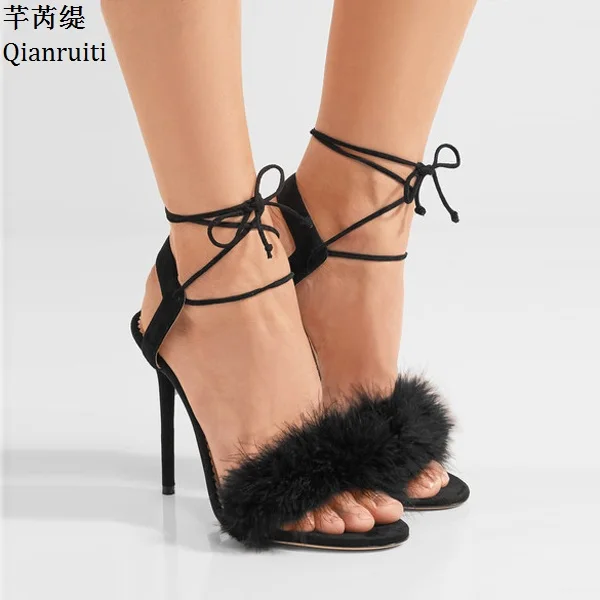 Qianruiti лето искусственный мех на шнуровке Slingback Женские туфли-лодочки в стиле Ким