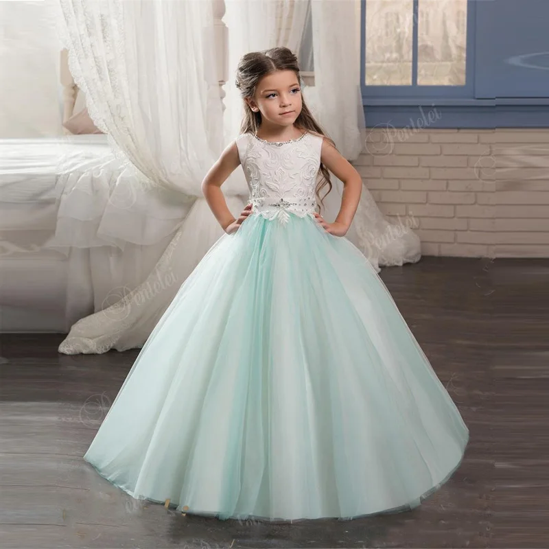 Blue Kids Evening Gowns with Scoop Neck and Lace up Back Beaded Crystals Mint Flower Girl Gowns Custom Made New Fashion Hot Sale
Blue Kids Evening Gowns with Scoop Neck and Lace up Back Beaded Crystals Mint Flower Girl Gowns Custom Made New Fashion Hot Sale