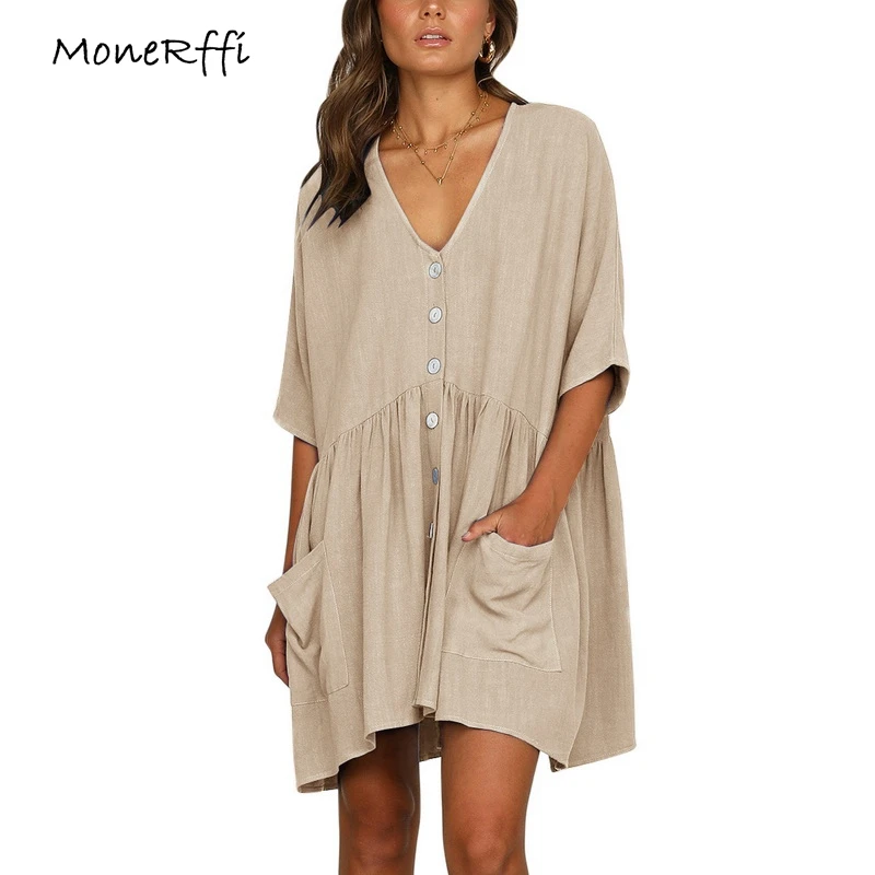 MoneRffi Women's Half Sleeve Short Dress Loose Deep V-Neck Pocket Dresses Solid Casual Mini Dress Streetwear Mujer Vestidos 2019
MoneRffi Women's Half Sleeve Short Dress Loose Deep V-Neck Pocket Dresses Solid Casual Mini Dress Streetwear Mujer Vestidos 2019