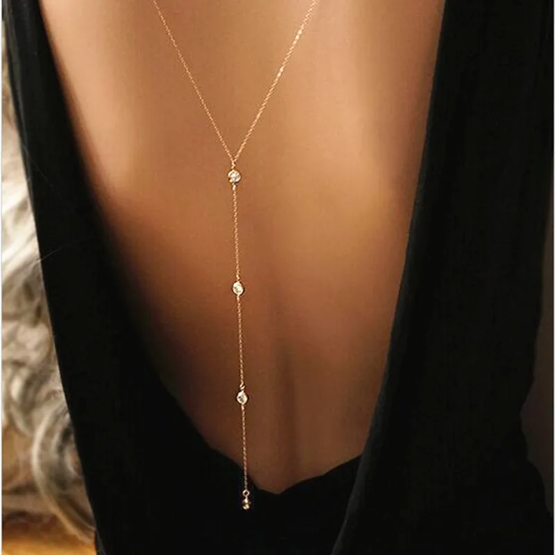 

Hot Women Long Back Necklace Body Sexy Chain Bare Back Gold Color Crystal Rhinestone Pendant Necklaces Backdrop Beach Jewelry