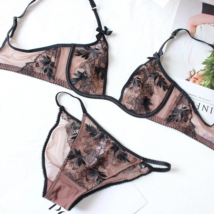 CINOON Ultra-thin V-neck push up bralette Perspective Yarn Embroidery Sexy Women's Lace Floral Gather Bra Sets 9