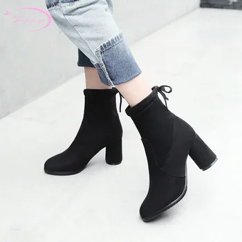 Chinese OL style comfortable round head flock ankle boots fashion lace-up black blue high heel thick riding boots women's shoes
Chinese OL style comfortable round head flock ankle boots fashion lace-up black blue high heel thick riding boots women's shoes