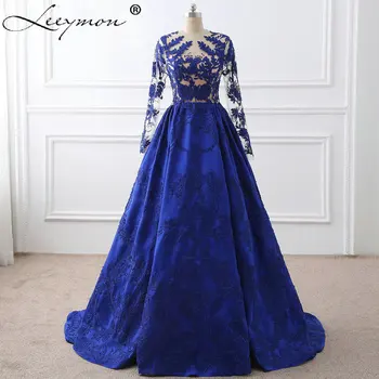 Leeymon Royal Blue Lace Appliques Long Sleeves Dress