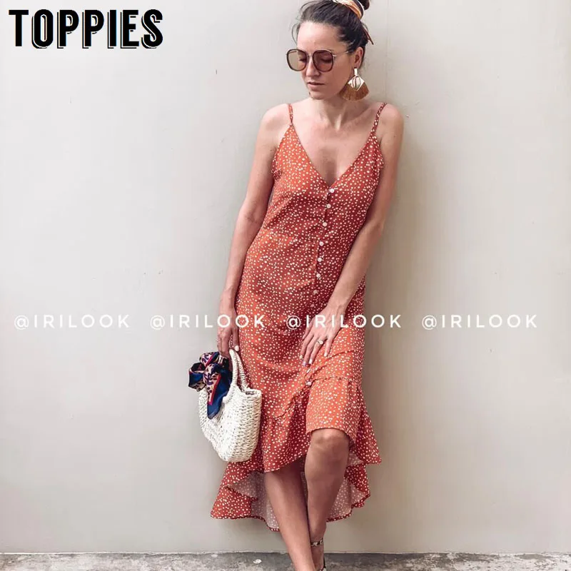 

2019 New Polka Dot Long Dress Front Single Breasted Summer Camisole Dress Ruffles Hem Sexy Backless Vacation Smocks Vestidos