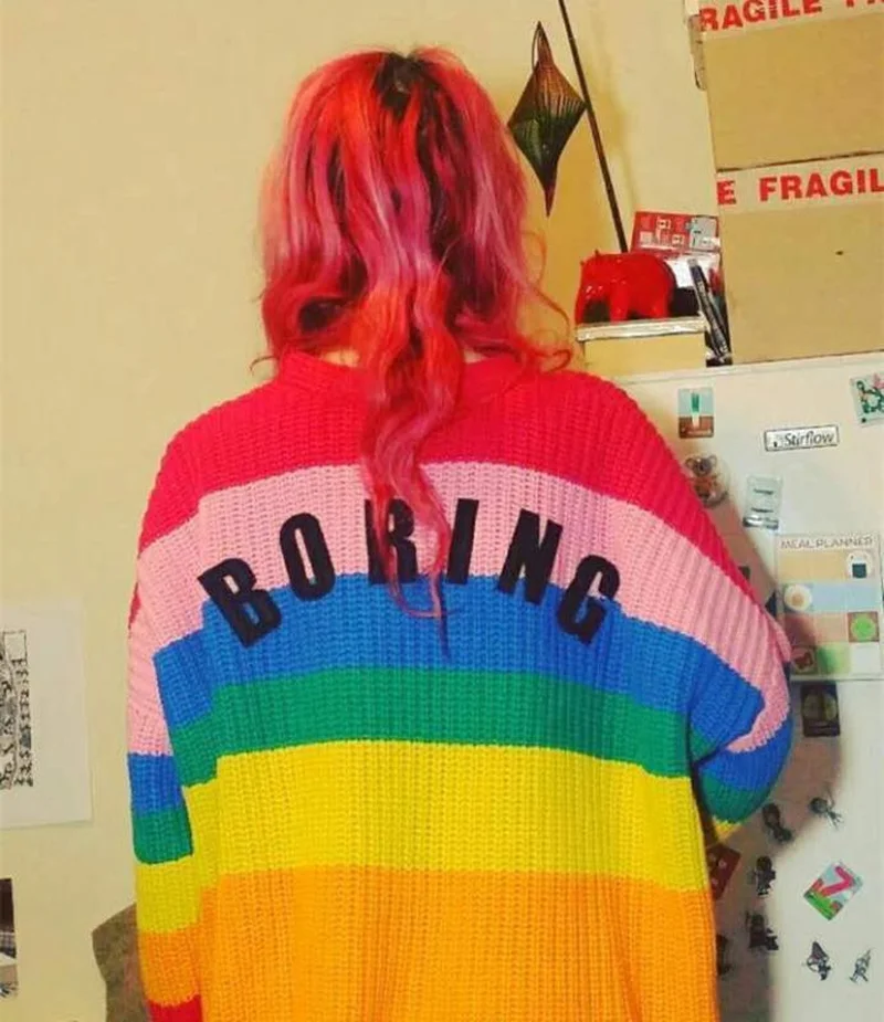 Женский свитер Lazy Oaf Inspired цвета радуги "BORING" кардиган мягкий джемпер оверсайз