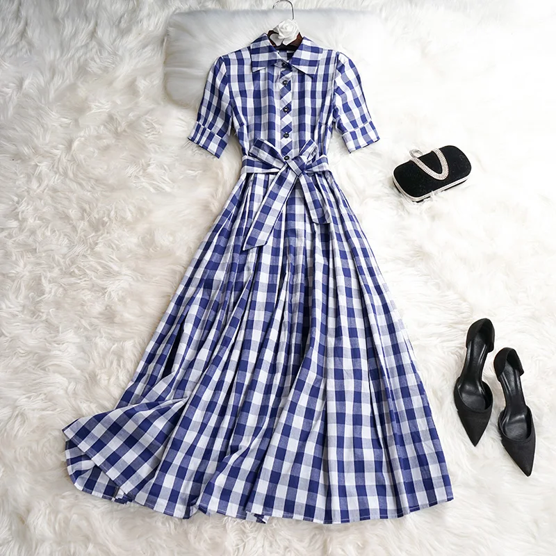 2019 Summer Women Blue White Plaid Cotton Dresses Female Short Sleeve Belt Turn Down Collar Mid-calf Shirt Dress Jc3163
2019 Summer Women Blue White Plaid Cotton Dresses Female Short Sleeve Belt Turn Down Collar Mid-calf Shirt Dress Jc3163