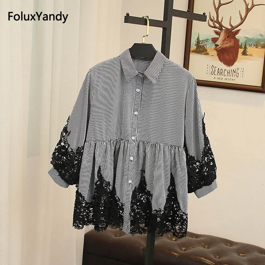 Three Quarter Lace Sleeve Women Blouse Shirt Plus Size 3 4 5 XL Turn-down Collar Loose Plaid Casual Blouse SWM926
Three Quarter Lace Sleeve Women Blouse Shirt Plus Size 3 4 5 XL Turn-down Collar Loose Plaid Casual Blouse SWM926