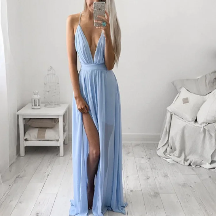 Summer new women's sleeveless strapless halter dress sexy deep V perspective split long beach dress party dress
Summer new women's sleeveless strapless halter dress sexy deep V perspective split long beach dress party dress