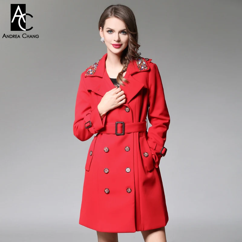 Image autumn winter runway designer womans outwear black red high quality trench coat rhinestone beading collar fashion cute trench