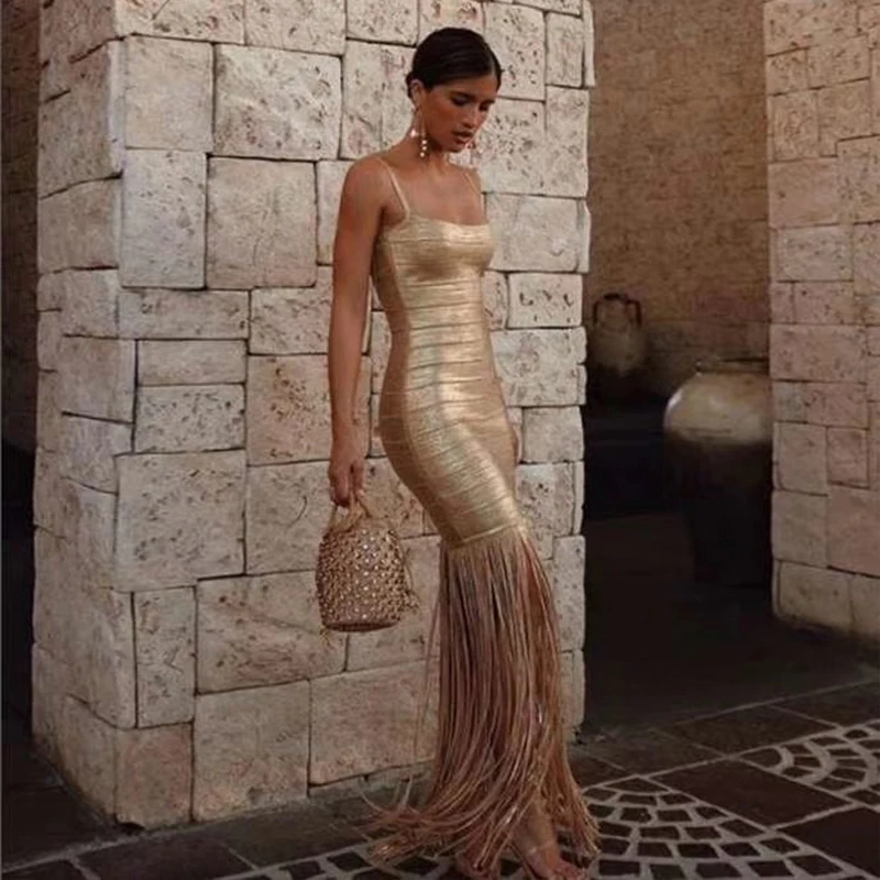 New Style Gold Maxi Badnage Dress High Quality Spaghetti Strap Bodycon Celebrity Evening Party Dresses Summer Vestidos Wholesale
New Style Gold Maxi Badnage Dress High Quality Spaghetti Strap Bodycon Celebrity Evening Party Dresses Summer Vestidos Wholesale