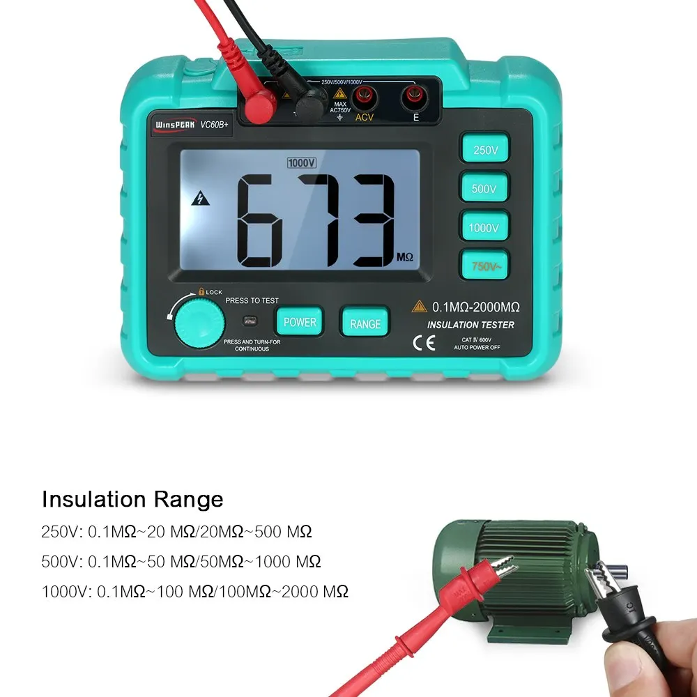 VC60B+ Digital Insulation Resistance Tester Megohm Meter Megohmmeter earth ground resistance impedance tester DC250V/500V/1000V
VC60B+ Digital Insulation Resistance Tester Megohm Meter Megohmmeter earth ground resistance impedance tester DC250V/500V/1000V