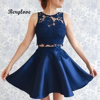 BeryLove Dark Navy Blue Two Pieces Short Homecoming Dresses 2018 Mini Lace Homecoming Gowns Plus Size Special Occasion Dresses image