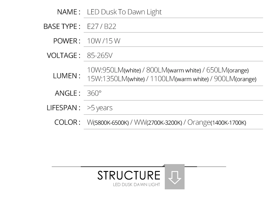 E27 B22 LED Sensor Lamp Bulb Automatic Dusk to Dawn Bulbs Auto ONOFF for Porch Hallway Night lights AC85-265V 10W 15W (5)