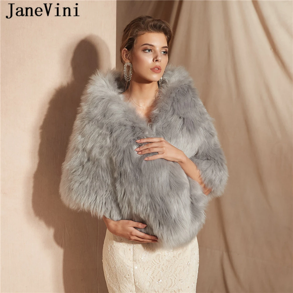 

JaneVini 2019 Elegant Gray Faux Fur Jackets Women Shawls Wedding Bridal Wraps Winter Warm Cape Cloak Shrug Bolero Mriage Femme