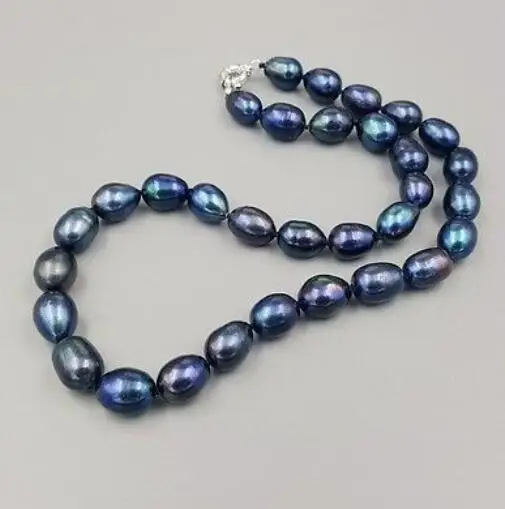 

New 9-10mm baroque tahitian black blue Color Freshwater pearl necklace 18"