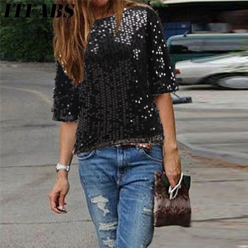 Camisetas Mujer Top Women Ladies Sloping Shoulder Glistening Sequin Slim Shirt Tops T Shirt Sequins Polyester
Camisetas Mujer Top Women Ladies Sloping Shoulder Glistening Sequin Slim Shirt Tops T Shirt Sequins Polyester