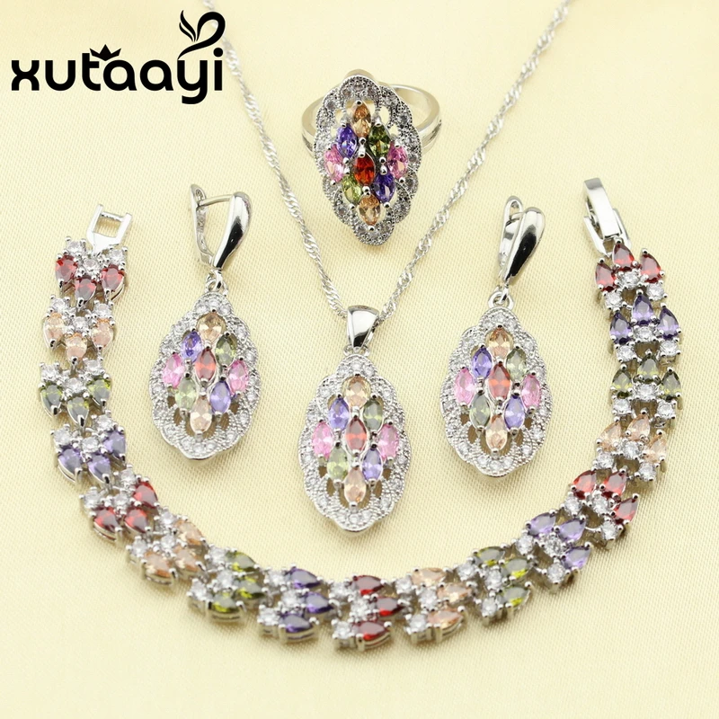 XUTAATI 4PCS Multicolor Crystal Silver Color Jewelry Sets For Women Necklace Pendant Earrings Ring Bracelet Free Gift Box
XUTAATI 4PCS Multicolor Crystal Silver Color Jewelry Sets For Women Necklace Pendant Earrings Ring Bracelet Free Gift Box