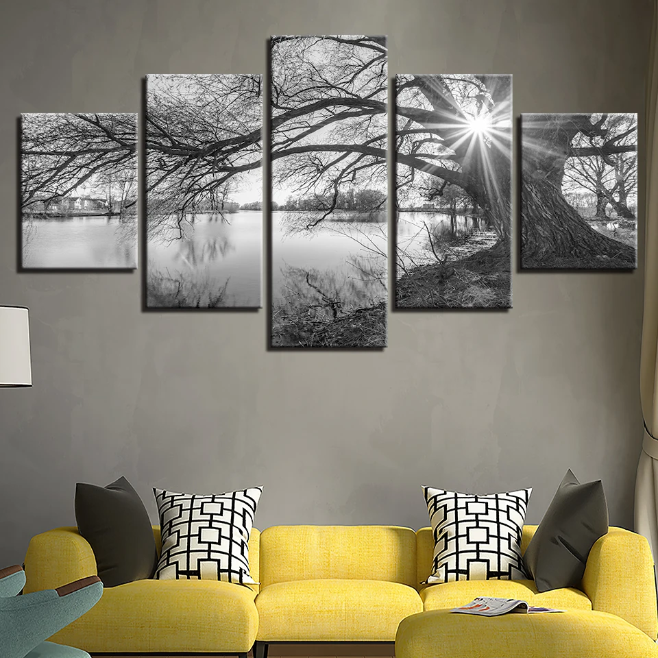 HD-Printed-Modular-Pictures-Living-Room-Home-Wall-Art-Decor-5-Pieces-Lakeside-Big-Trees-Paintings