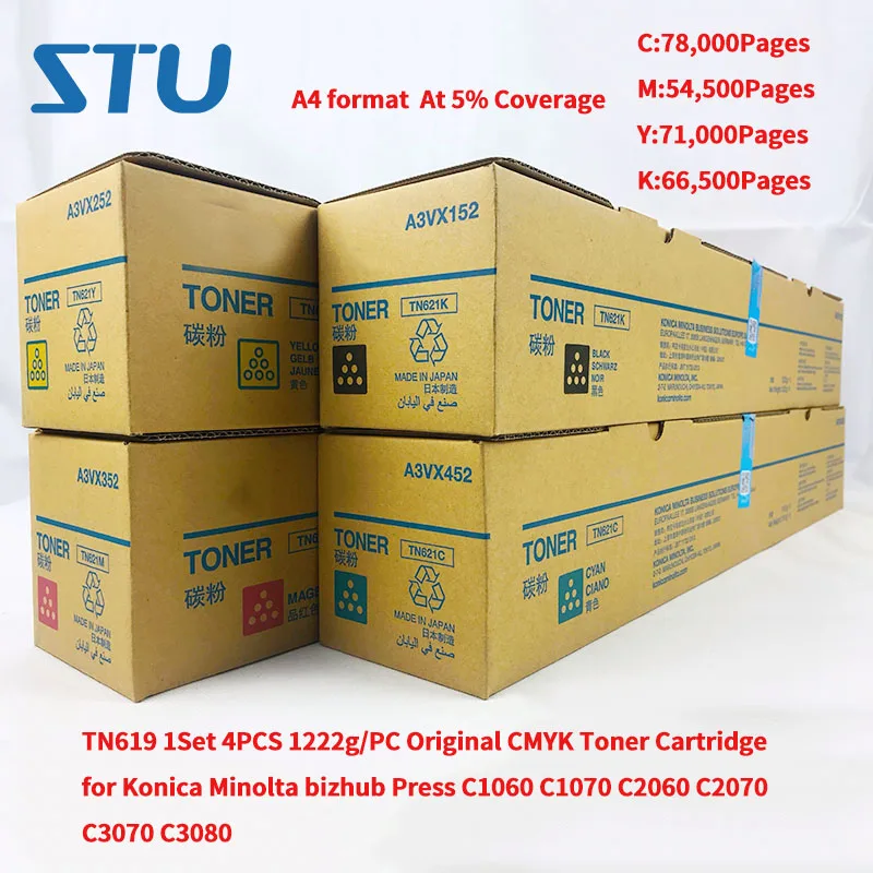TN619 1Set 4PCS 1222gPC New Original CMYK Toner Cartridge for Konica Minolta bizhub Press C1060 C1070 C2060 C2070 C3070 C3080