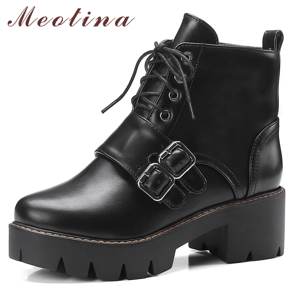 Meotina Winter Motorcycle Boots Women Buckle Thick High Heel Ankle Boots Lace Up Round Toe Short Shoes Lady Fall Plus Size 33-43
Meotina Winter Motorcycle Boots Women Buckle Thick High Heel Ankle Boots Lace Up Round Toe Short Shoes Lady Fall Plus Size 33-43