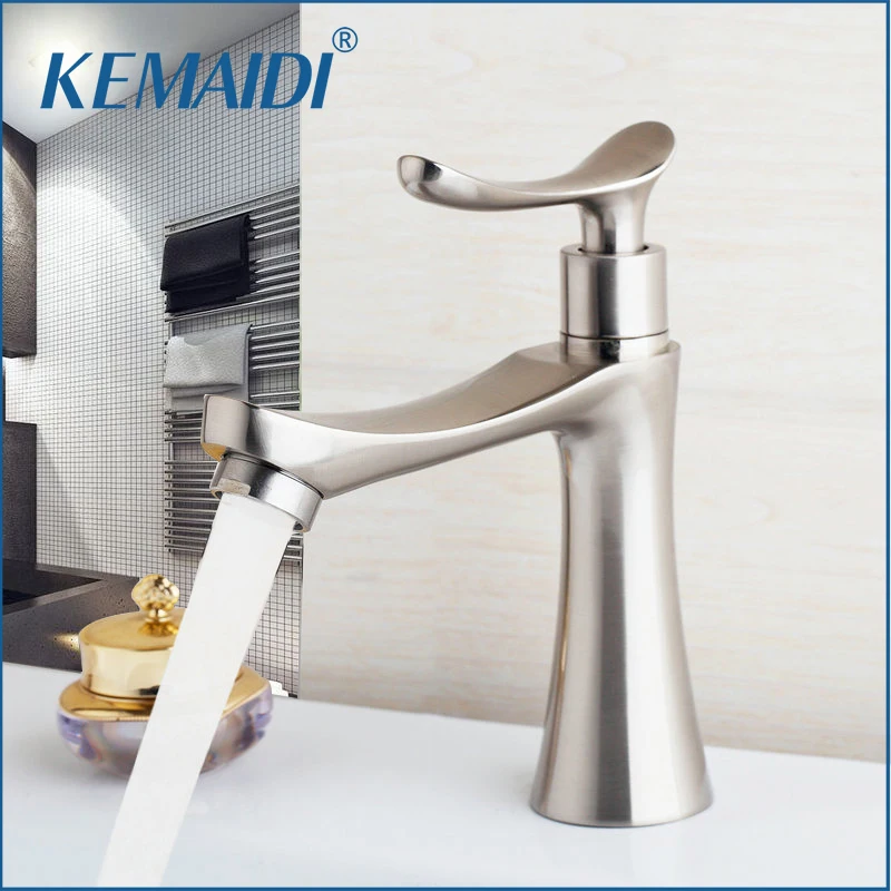 

KEMAIDI Bathroom Basin Faucet Nickel Brushed Stream Spout Faucets Bathroom Sink Single Cold Taps Deck Mounted Single Handle Tap