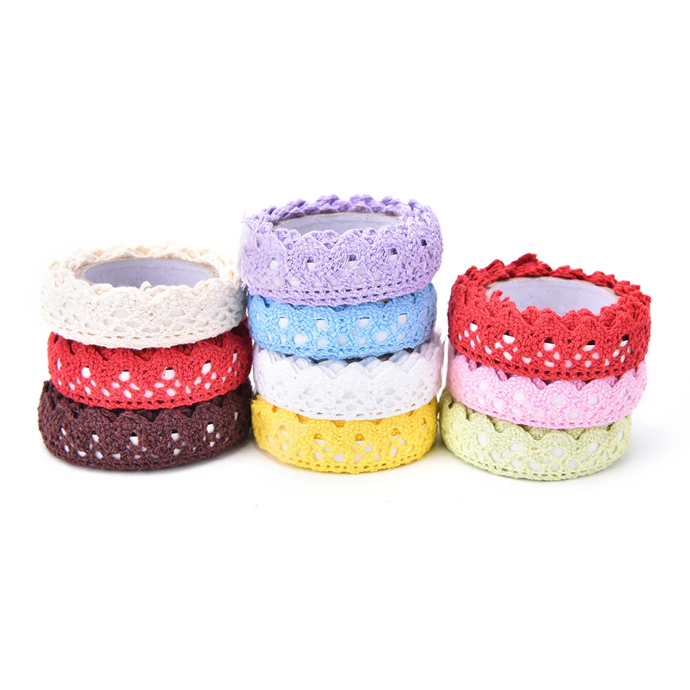 New Fabric White Crochet Lace Roll Ribbon Knit Adhesive Tape Sticker Cotton Lace Craft Decoration Stationery Supplies 9 Colors