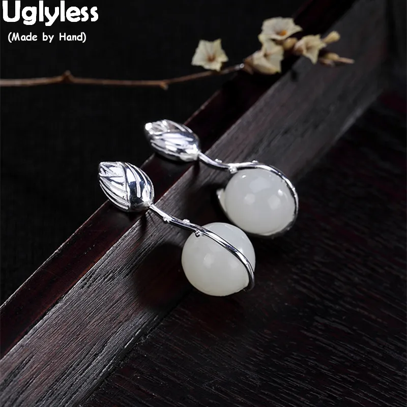 Uglyless Elegant Lady Nature Gemstones Earrings Handmade 100% Real Solid 925 Silver Lotus White Jade Balls Fine Jewelry | Украшения и
