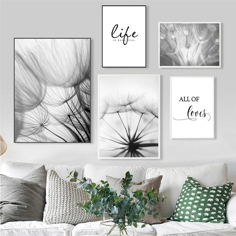 

Nordic Dandelion Canvas Painting Posters And Prints Black White Loves Life Quotes Wall Art Pictures For Living Room Decoration