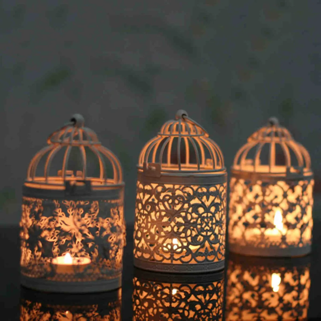 1pc Metal Hollow Candle Holder Tealight Candlestick Hanging Lantern Bird Cage White