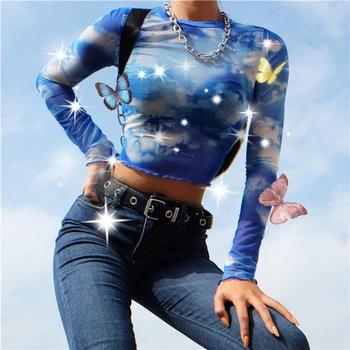 2019 Women Summer See-through Mesh Blouse Long Sleeve Shirt Print Short Crop Top Blouse Casual Slim Fit Blue Clubwear
2019 Women Summer See-through Mesh Blouse Long Sleeve Shirt Print Short Crop Top Blouse Casual Slim Fit Blue Clubwear