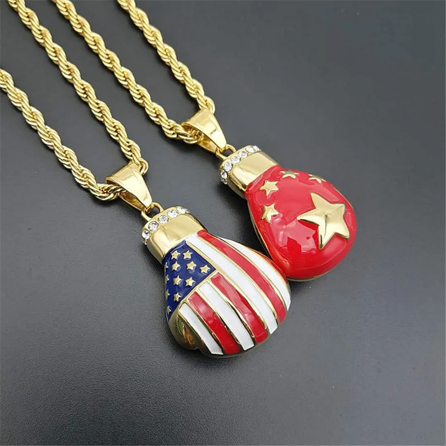 Фото Hip Hop Iced Out Bling Boxing Gloves Pendant Necklace For Men Gold Color Chinese/American Flag Necklaces Male Jewelry | Украшения и
