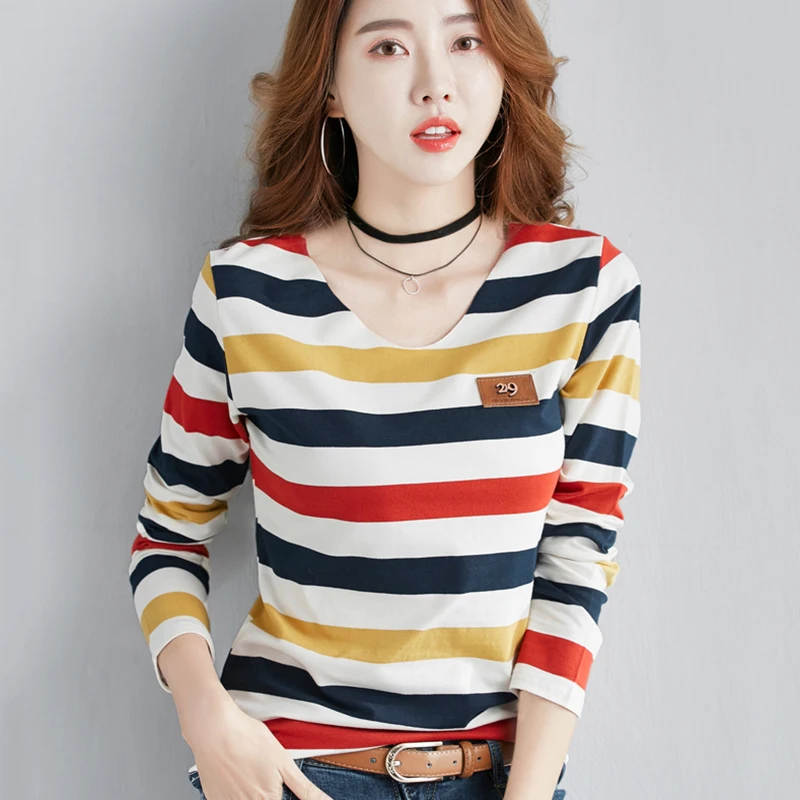 T shirt Women Striped Long Sleeve V Neck Multicolor Female T-shirt Cotton Tees Shirt Femme Spring 2019 New Tops
T shirt Women Striped Long Sleeve V Neck Multicolor Female T-shirt Cotton Tees Shirt Femme Spring 2019 New Tops