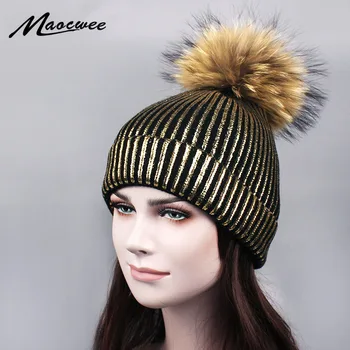 

Bronzing gold and silver with caps colorful raccoon fur pompon hat for women winter knitting warm hats female skullies beanies