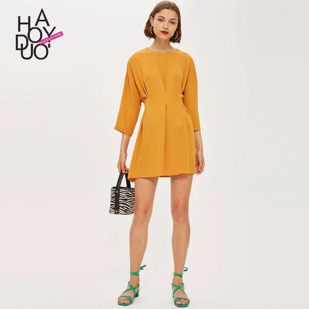 

HDY Haoduoyi Women Sleek Minimalist Commute OL A-Line Intellectual Dress Elegant Solid Color Waist Pleated Folds Dress Wholesale