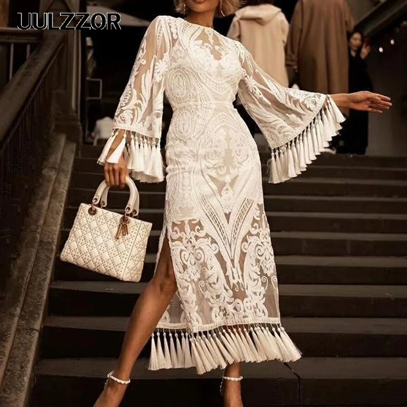 UULZZOR White lace dresses Embroidery Floral Mid-Calf Bandage Dress Long Sleeve Tassel Indie Folk Style O-neck women dresses
UULZZOR White lace dresses Embroidery Floral Mid-Calf Bandage Dress Long Sleeve Tassel Indie Folk Style O-neck women dresses