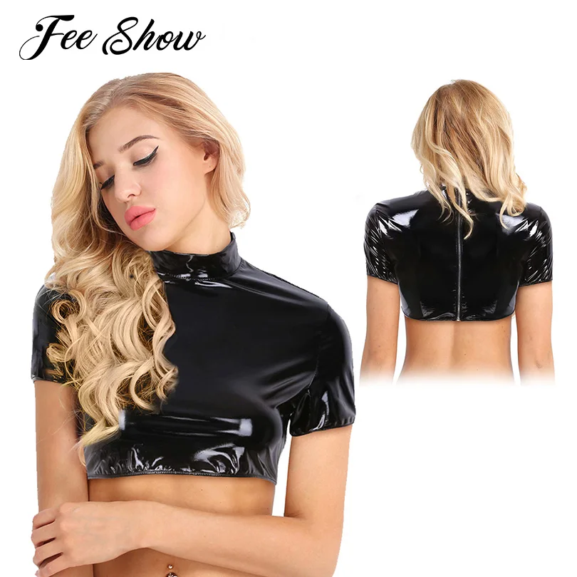 Womens Fashion Wetlook Faux Leather Crop Tops Short Sleeve Crop Tops Stand Collar Half Tank Top Clubwear Stage Costumes Crop Top
Womens Fashion Wetlook Faux Leather Crop Tops Short Sleeve Crop Tops Stand Collar Half Tank Top Clubwear Stage Costumes Crop Top