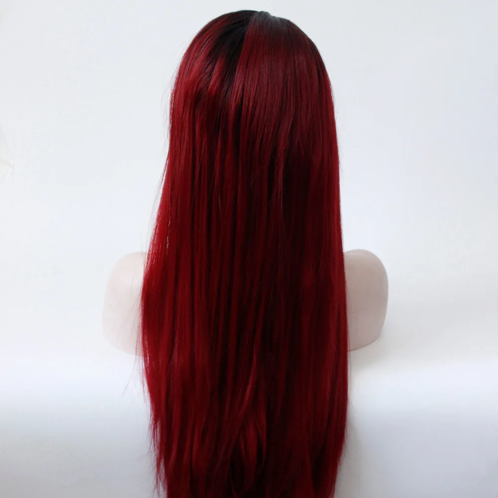 alt=''Black to Wine Red Ombre Long Straight High Temperature Fiber Heat Resistant Natural Synthetic Lace Front Women Wigs with Natural Hairline''-1