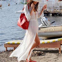 Sexy Long Beach Tunic Women Beach Cover Up White Chiffon Translucent Ladies Swimwear Bath Suit Beach Cape Beach Wear Kafan 
Sexy Long Beach Tunic Women Beach Cover Up White Chiffon Translucent Ladies Swimwear Bath Suit Beach Cape Beach Wear Kafan