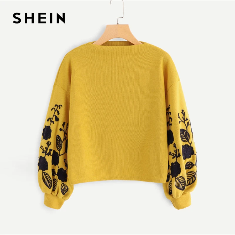 

SHEIN Ginger Preppy Elegant Floral Embroidered Cowl Neck Bishop Sleeve Sweatshirt 2018 Autumn Casual Women Pullovers Sweatshirts