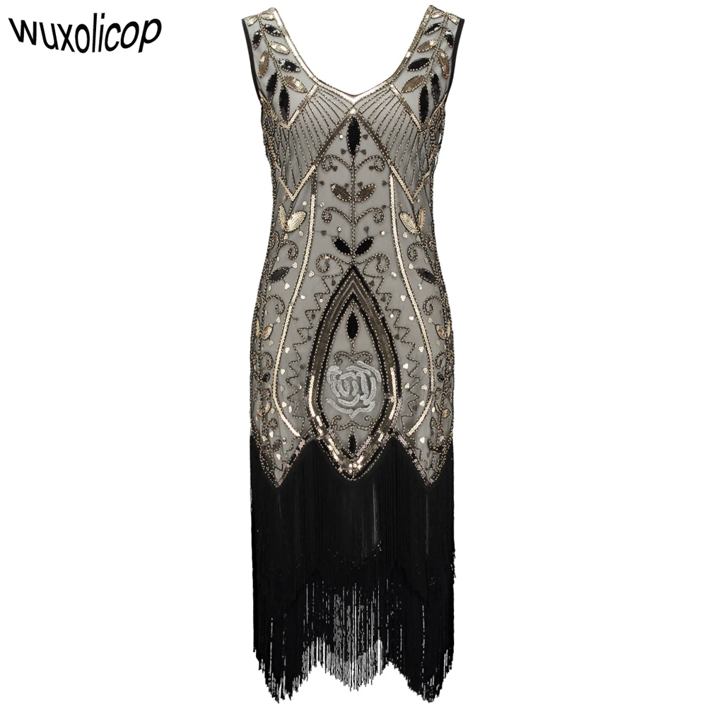 

Women 1920s Flapper Dress Art Deco Great Gatsby Dress Vestidos V-Neck Sleeveless Flower Embroidered Tiered Fringe Sequin Dress