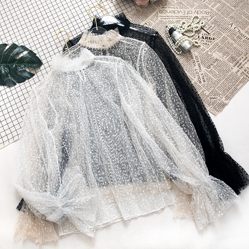 Women Spring Autumn Flare Sleeve Ruffles Basic Shirt Casual Mesh Voile Pullover Slim Hollow Out Lace Blouse Tops G235
Women Spring Autumn Flare Sleeve Ruffles Basic Shirt Casual Mesh Voile Pullover Slim Hollow Out Lace Blouse Tops G235