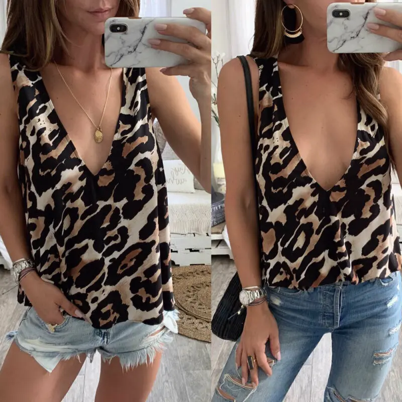 Фото 2019 летние женские Модные леопардовые повседневные топы с v-образным вырезом