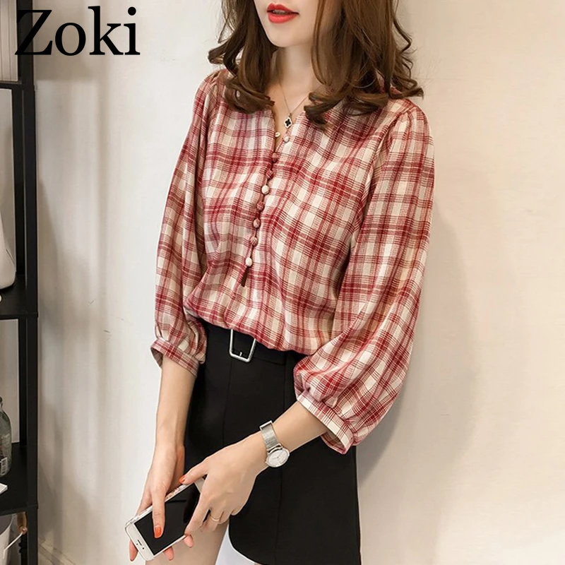 Zoki Autumn Women Plaid Shirt Fashion Casual Sexy V-neck Lantern Three Sleeve Single Button Blouse Plus Size Cotton Streetwear 
Zoki Autumn Women Plaid Shirt Fashion Casual Sexy V-neck Lantern Three Sleeve Single Button Blouse Plus Size Cotton Streetwear