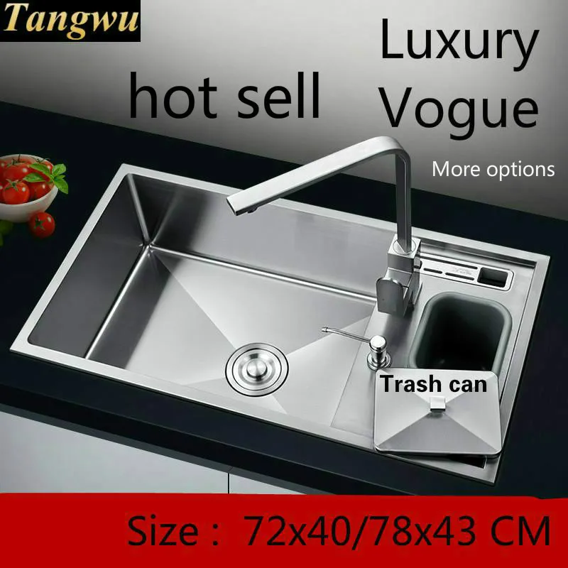 

Free shipping Luxury kitchen manual sink single trough durable standard food-grade 304 stainless steel hot sell 72x40/78x43 CM