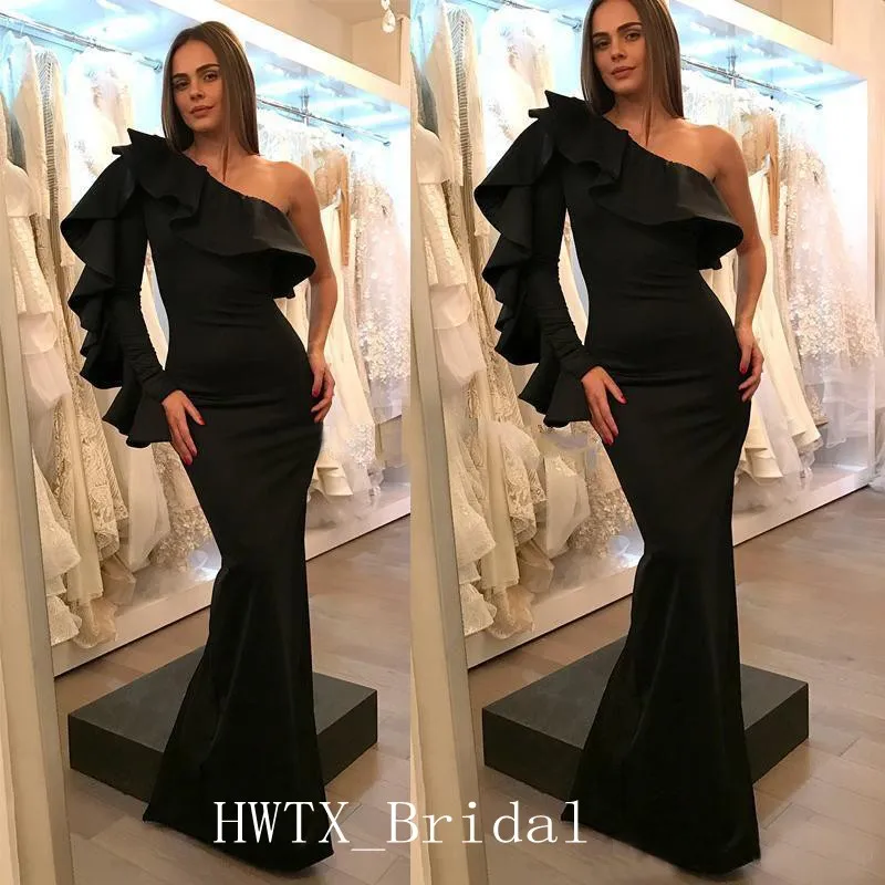 Modest One Shoulder Evening Dress Black Long Sleeve Sexy Mermaid Abendkleider Ruffles Satin Long Formal Gowns Robe de soiree
Modest One Shoulder Evening Dress Black Long Sleeve Sexy Mermaid Abendkleider Ruffles Satin Long Formal Gowns Robe de soiree